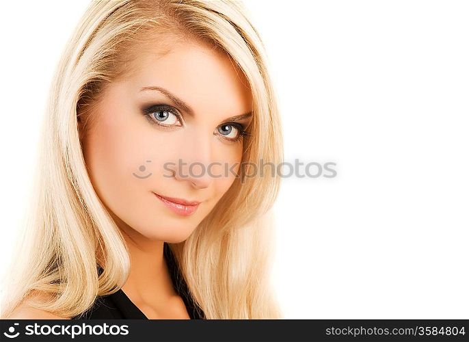 Beautiful woman face smiling. Isolated on white