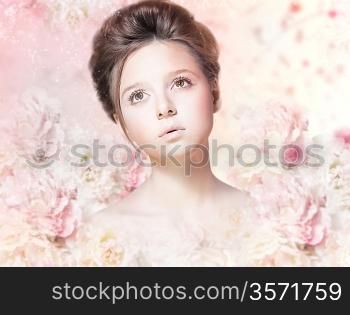 Beautiful Woman Face with Natural Makeup over Floral Rose Pattern