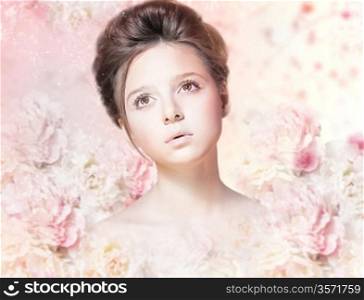 Beautiful Woman Face with Natural Makeup over Floral Rose Pattern