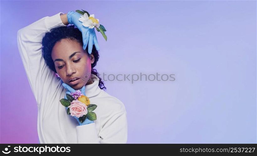 beautiful woman floral gloves posing with copy space