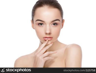 Beautiful woman girl natural makeup spa skin care portrait holding arm next to chin on white background