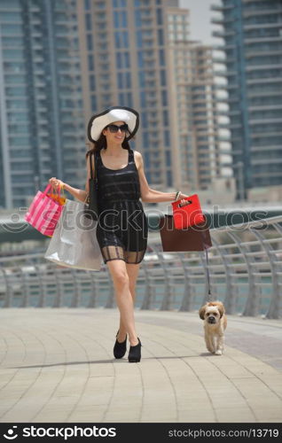 beautiful woman goes in shopping in the city