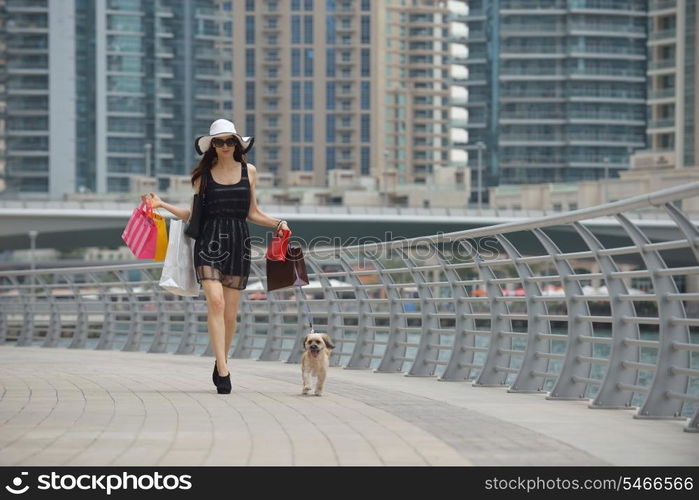 beautiful woman goes in shopping in the city