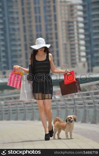 beautiful woman goes in shopping in the city