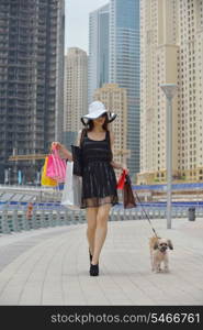 beautiful woman goes in shopping in the city