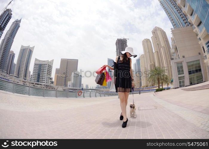 beautiful woman goes in shopping in the city