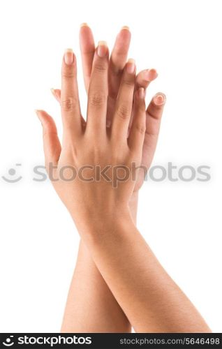 Beautiful woman hands over white background