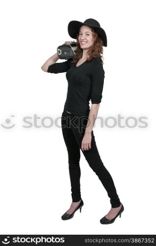 Beautiful woman holding a boom box on her shoulder