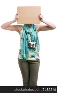 Beautiful woman holding a cardboard, isolated over a white background. Woman with a cardboard