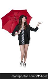 Beautiful woman holding a colorful and fashionable umbrella