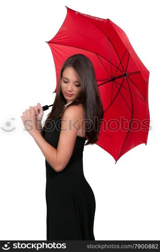 Beautiful woman holding a colorful rain umbrella