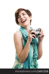 Beautiful woman holding a vintage camera, isolated over a white background. Woman with a vintage camera