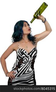 Beautiful woman holding an empty bottle of wine
