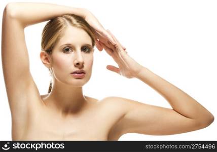 beautiful woman holding arms over her head. beautiful woman holding arms over her head on white background