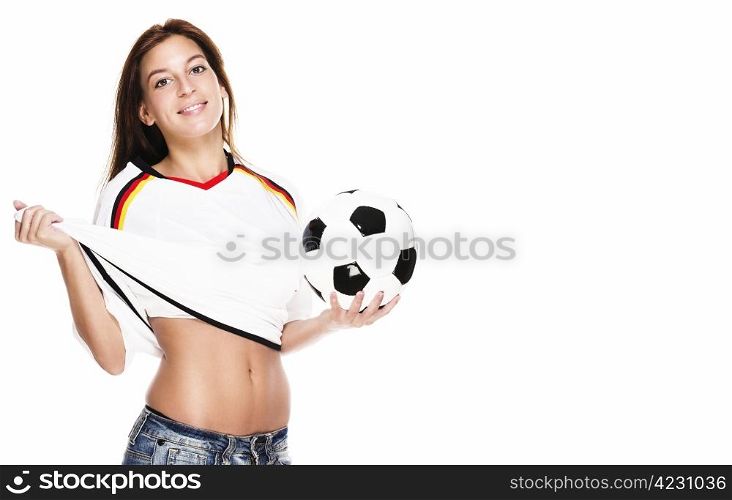 beautiful woman holding football pulling her football shirt. beautiful woman holding football pulling her football shirt on white background