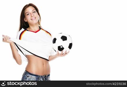 beautiful woman holding football pulling her football shirt. beautiful woman holding football pulling her football shirt on white background