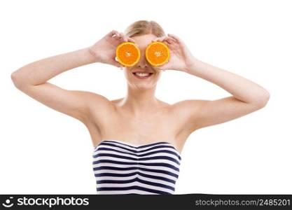 Beautiful woman holding orange slices in front of her eyes