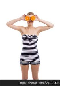 Beautiful woman holding orange slices in front of her eyes