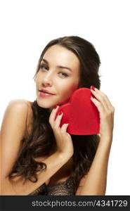 beautiful woman holding red heart. beautiful woman holding red heart on white background
