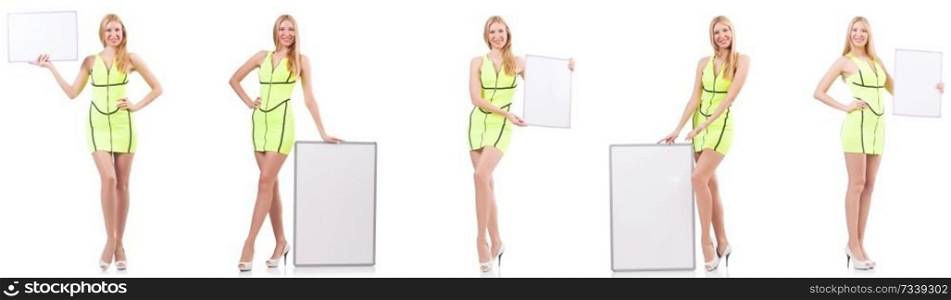 Beautiful woman holding whiteboard isolated on white 