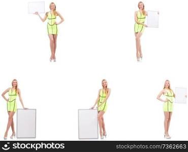 Beautiful woman holding whiteboard isolated on white 
