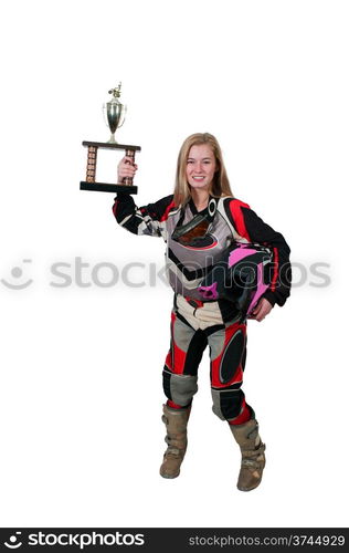 Beautiful woman in a motocross motorcycle suit