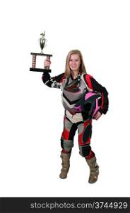 Beautiful woman in a motocross motorcycle suit