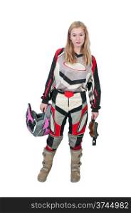 Beautiful woman in a motocross motorcycle suit