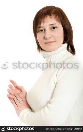 beautiful woman in a white sweater on a white background
