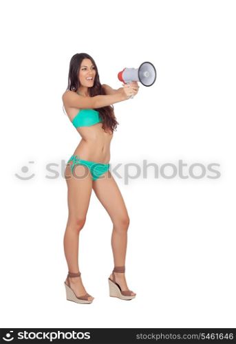 Beautiful woman in bikini with megaphone isolated on a white background