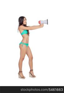 Beautiful woman in bikini with megaphone isolated on a white background