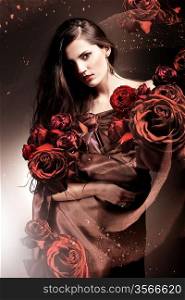 beautiful woman in chocolate fabric with chocolate roses