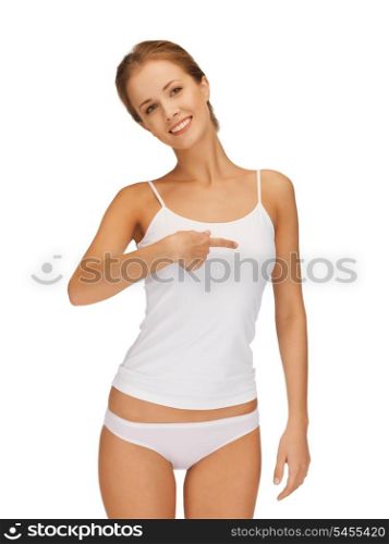beautiful woman in cotton undrewear pointing her finger to the heart