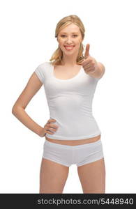 beautiful woman in cotton undrewear with thumbs up