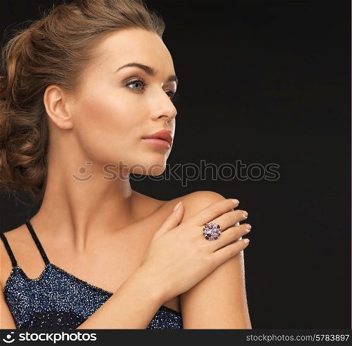 beautiful woman in evening dress with cocktail ring