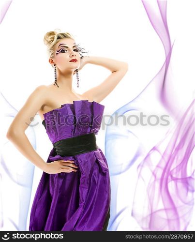 Beautiful woman in fashionable dress with creative hairstyle and makeup on abstract background