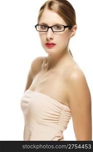 beautiful woman in fawn shirt with black glasses. beautiful woman in fawn shirt with black glasses on white background
