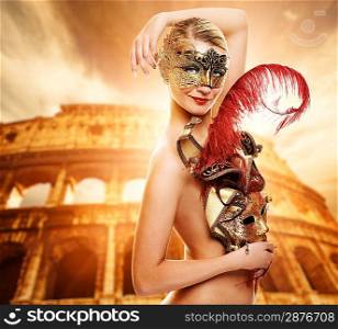 Beautiful woman in front of Colosseum (Rome, Italy)