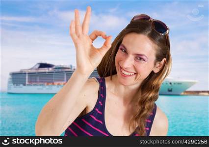 beautiful woman in front of cruise ship