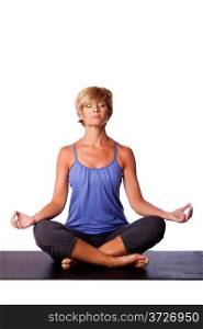 Beautiful woman in Gentle Seated Lotus Position, Padmasana, in yoga meditation to align chakra, on white.