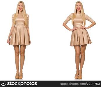 Beautiful woman in golden dress isolated on white 