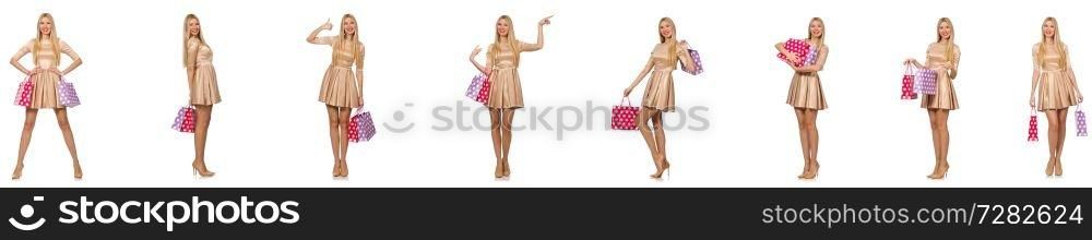 Beautiful woman in golden dress with bags 