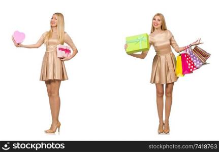 Beautiful woman in golden dress with bags 