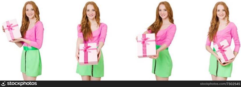 Beautiful woman in green skirt with giftbox 