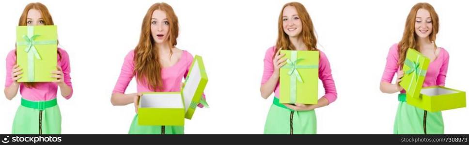 Beautiful woman in green skirt with giftbox 