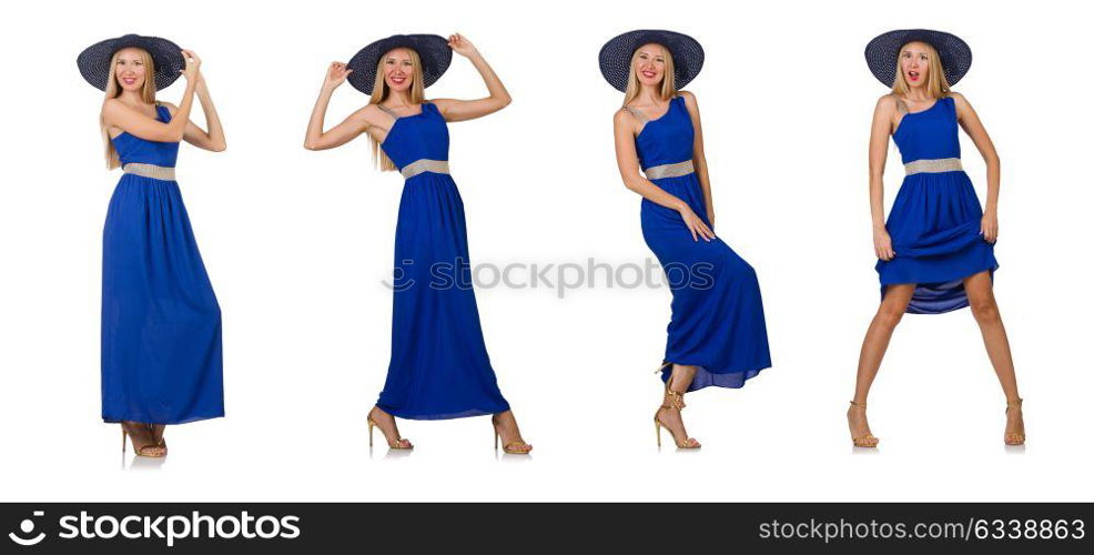 Beautiful woman in long blue dress isolated on white