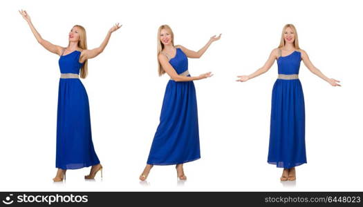 Beautiful woman in long blue dress isolated on white