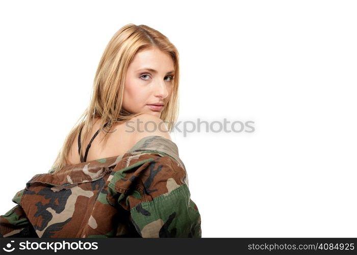 Beautiful woman in military clothes isolated on white background.