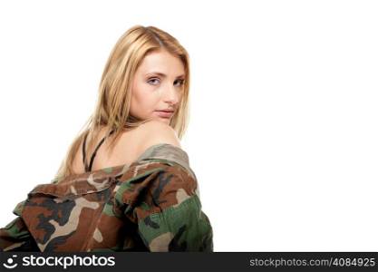 Beautiful woman in military clothes isolated on white background.