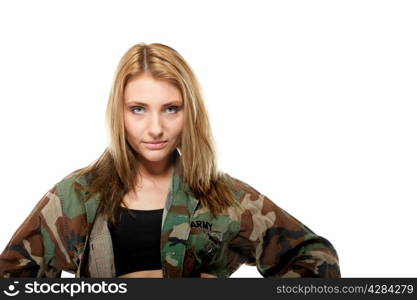 Beautiful woman in military clothes isolated on white background.